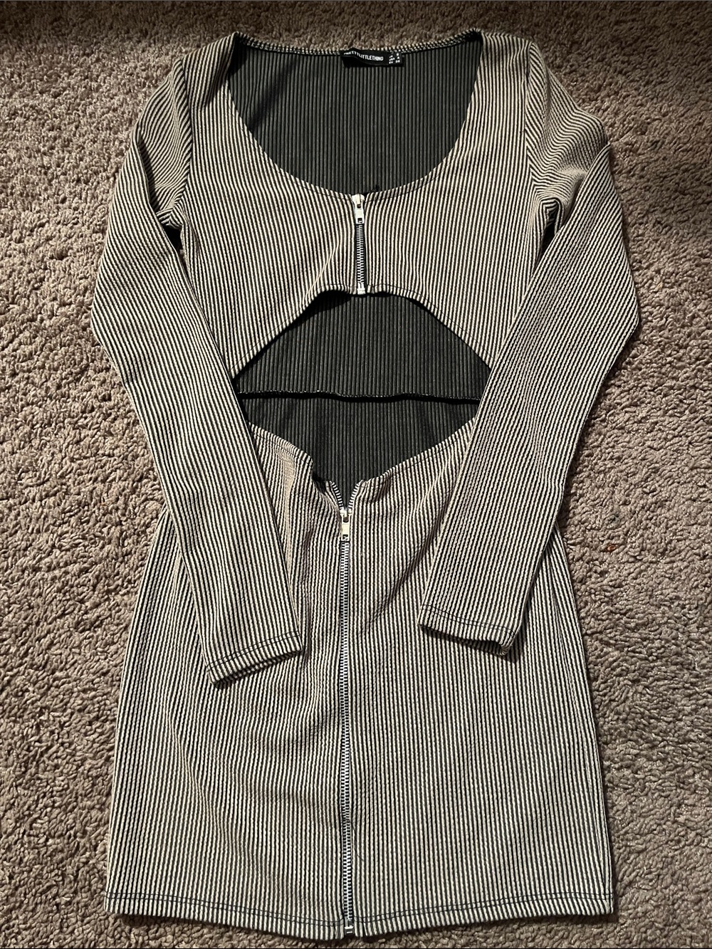 PrettyLittleThing Black & Gray Pinstripe Long Sleeve Cutout Dress